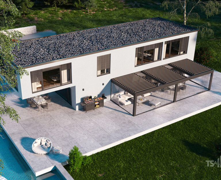 Modernes zweistöckiges Haus mit flachem, mit Kies bedecktem Dach, großen Fenstern und einer großzügigen Terrasse mit Sitzgelegenheiten im Freien, einem Essbereich, einem Grill und stilvollen Terrassendächern. Umgeben von Rasenflächen und einem Pool.