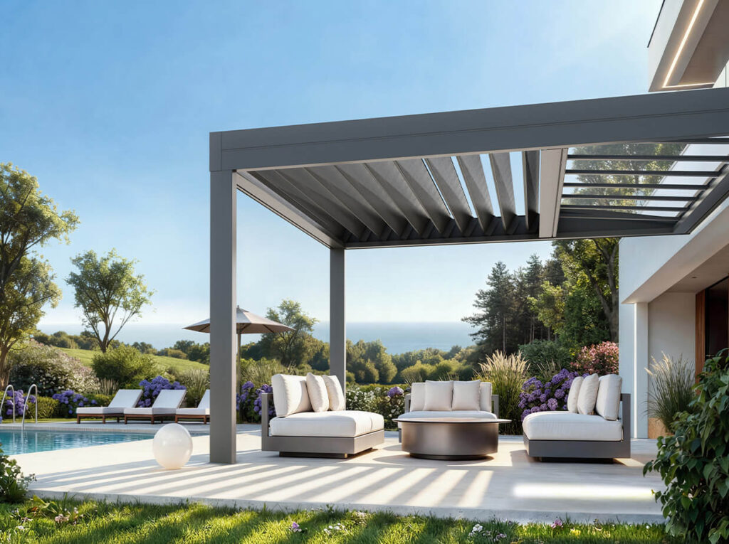 Moderne Terrasse mit hochwertigen Produkten: eine Pergola, weiße Sofas mit Kissen, ein runder Tisch und ein üppiger Garten. Im Hintergrund sind unter dem strahlend blauen Himmel ein Swimmingpool und ein Sonnenschirm zu sehen.