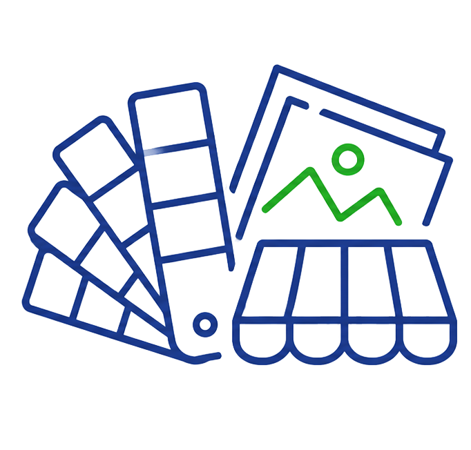 Umrissene Symbole in Form von Farbfeldern, zwei Landschaftsfotos mit einem grünen Bildsymbol und eine blaue Markise – ideal zur Präsentation von Scherenarm-Markisen – vor einem hellen Hintergrund.