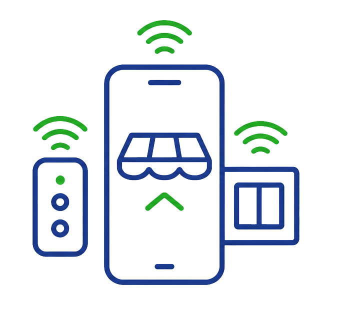 Der blaue Umriss eines Smartphones, auf dessen Bildschirm eine Markise – die an Scherenarm-Markisen erinnert – zu sehen ist, flankiert von einer Fernbedienung und einem Lichtschalter. Grüne WLAN-Symbole über jedem Gerät symbolisieren die Smart-Home-Vernetzung.