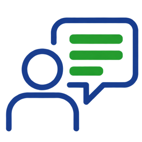 Blaue Silhouette einer Person mit einer Sprechblase, die drei horizontale grüne Linien enthält und die Kommunikation oder ein Gespräch über Poller bzw. versenkbare Poller symbolisiert, auf weißem Hintergrund.