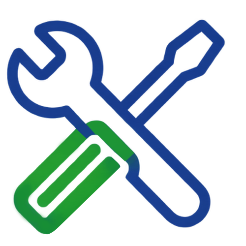 Blaue Umrisssymbole eines Schraubenschlüssels und eines Schraubendrehers mit grünem Griff, die sich auf weißem Hintergrund kreuzen und die Einrichtung oder Wartung von versenkbaren Pollern und anderen Pollersystemen symbolisieren.