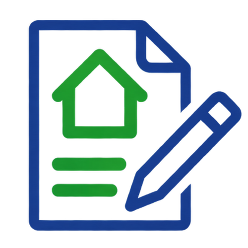 Symbol, das ein Blatt Papier mit einem Gewächshaussymbol und Linien sowie einen blauen Bleistift zeigt – was auf Immobiliendokumente oder Unterlagen rund ums Haus hindeutet, möglicherweise im Zusammenhang mit Poller- oder versenkbaren Poller-Anlagen.